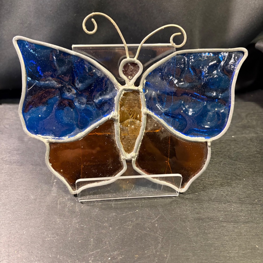 Handcrafted Stained Glass Butterfly Suncatcher Blue Amber 6x5.25 Inch Window Art